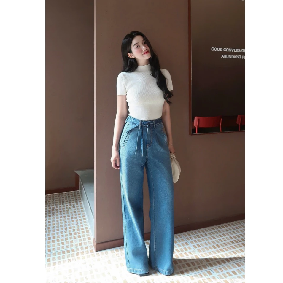Quần jeans suông lưng thun kèm dây URATV
