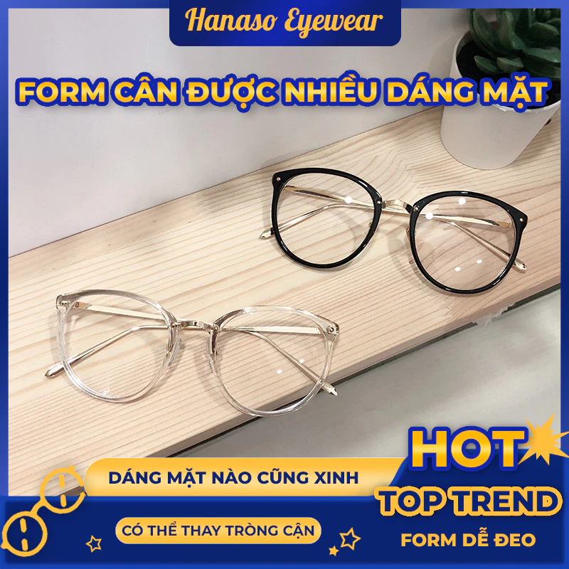 Kính mắt cận nữ nam gọng kính cận tròn chống ánh sáng xanh phong cách Ulzzang HANASO 019