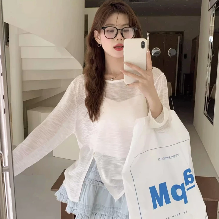 Áo thun giấy mỏng dài tay nữ cổ tròn xẻ tà phong cách basic 24Feb.studio A0005