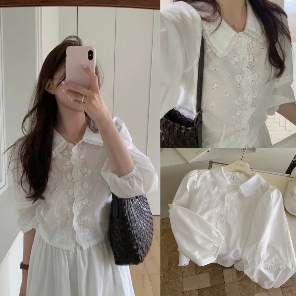Áo Sơ Mi Cổ Sen Ren Hoa Hàn Quốc – Pure Blossom Blouse siêu xinh dành cho Nữ 247Store L100