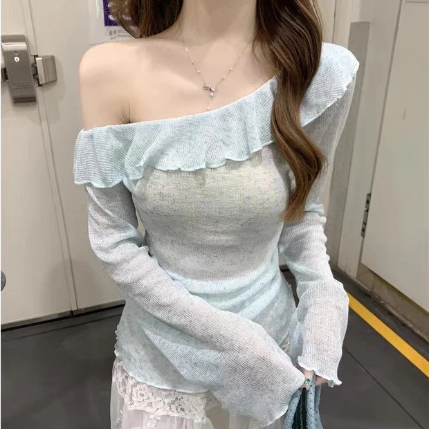 Áo len giấy tiêu trễ vai nữ dài tay chun eo viền bèo 4 chiều phong cách ulzzang 24Feb.studio A0004