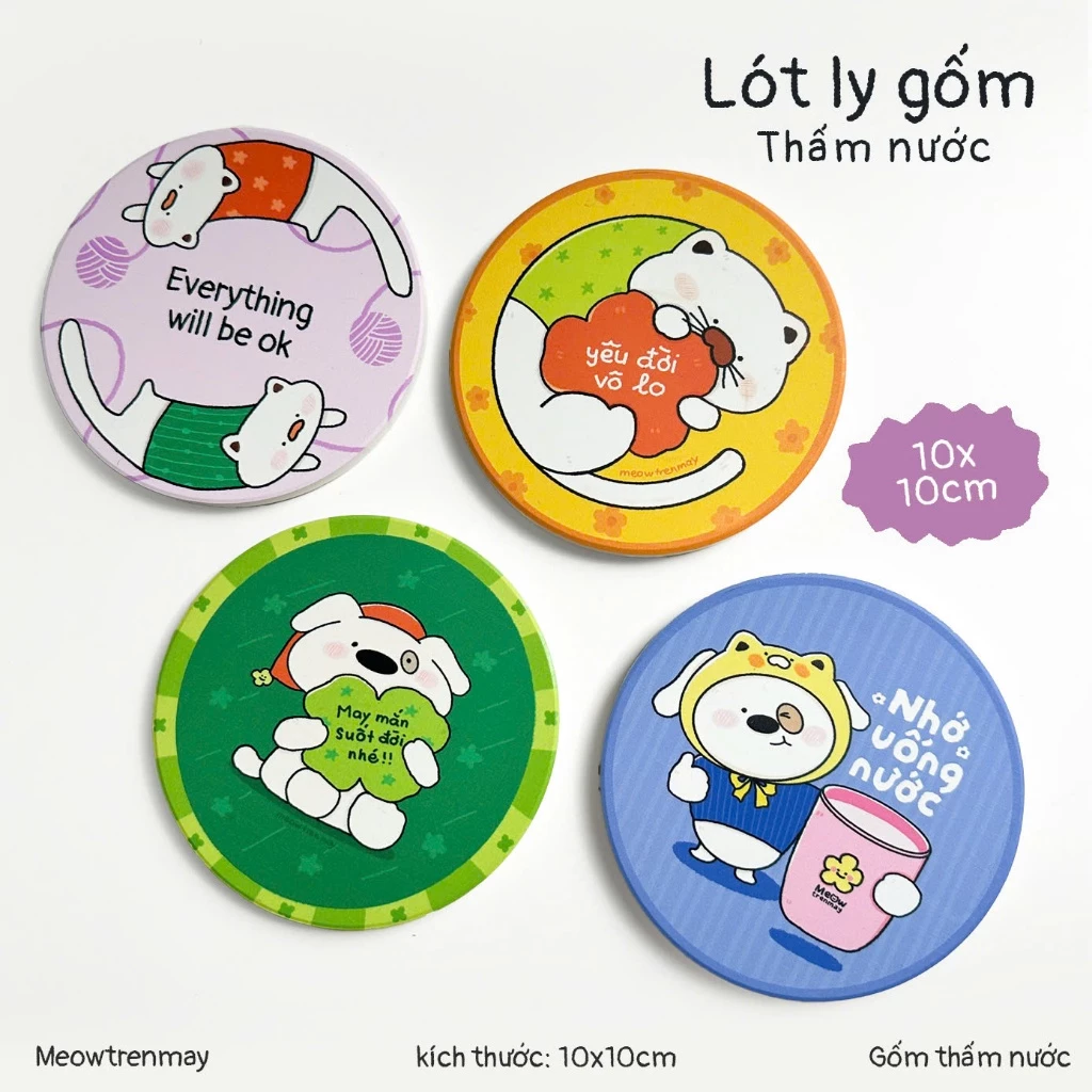 Lót Ly Gốm Thấm Nước 10x10cm MeowTrenMay, Lót Cốc Gốm Mèo Dễ Thương, Quà Tặng Cute Trang Trí Bàn Làm Việc