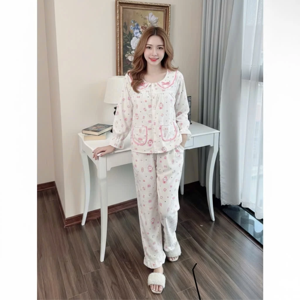Bộ Pijama cổ tròn đính nơ siêu xinh - Họa tiết dễ thương - Thoải Mái - Mềm Mại