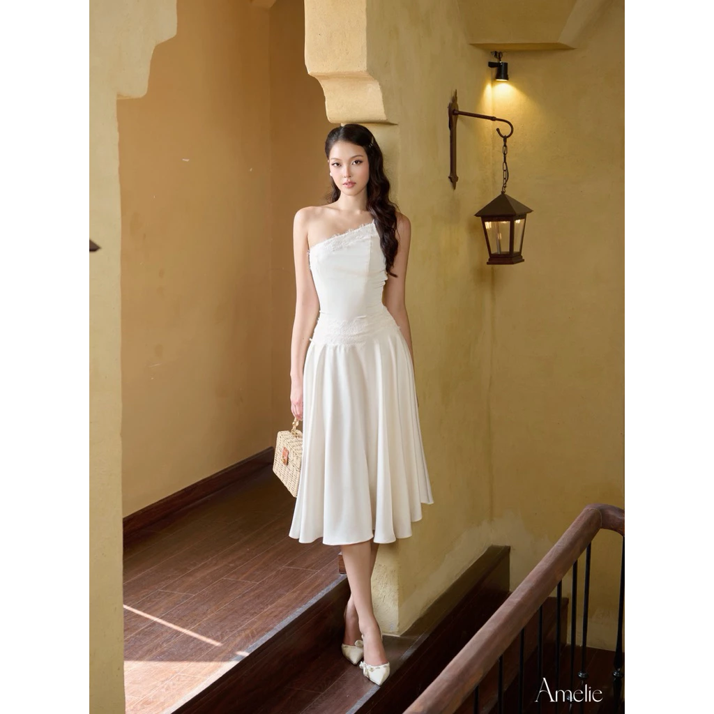 AMELIE - Váy lệch vai lụa phối ren - Leblanc dress ame509