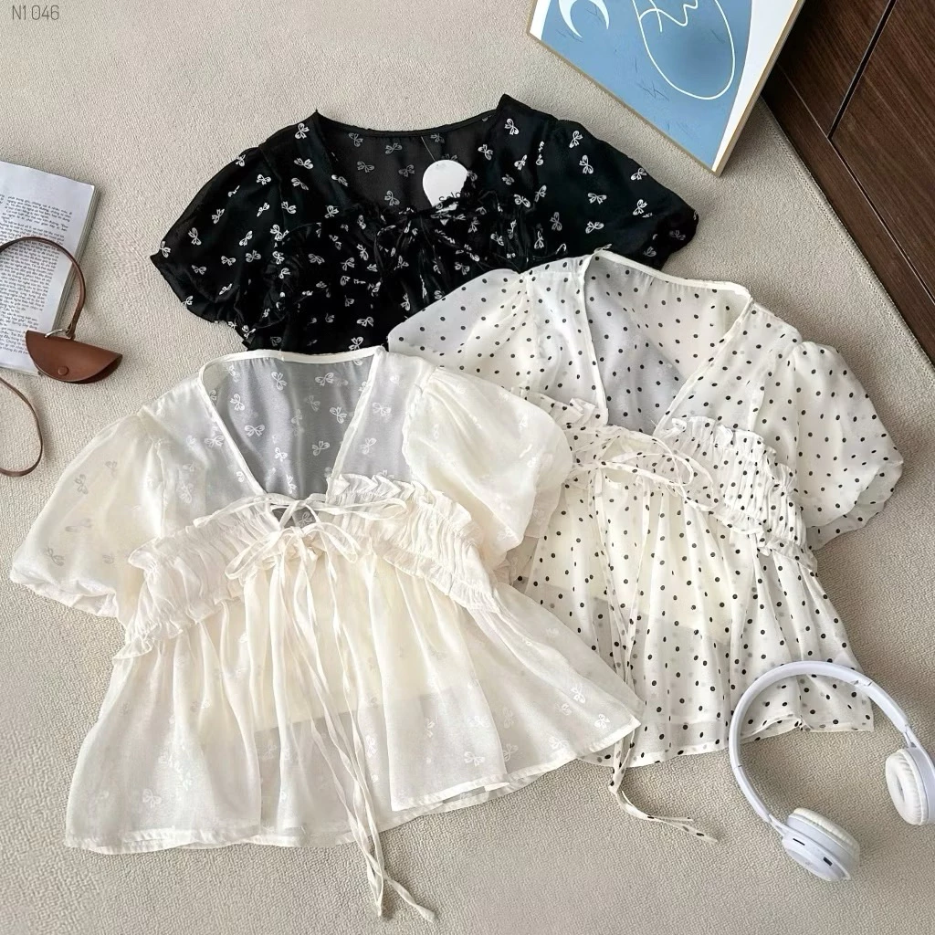 Áo babydoll cổ V voan tơ hoạ tiết, áo kiểu nữ nhún viền buộc nơ KENCO clothing SG M710