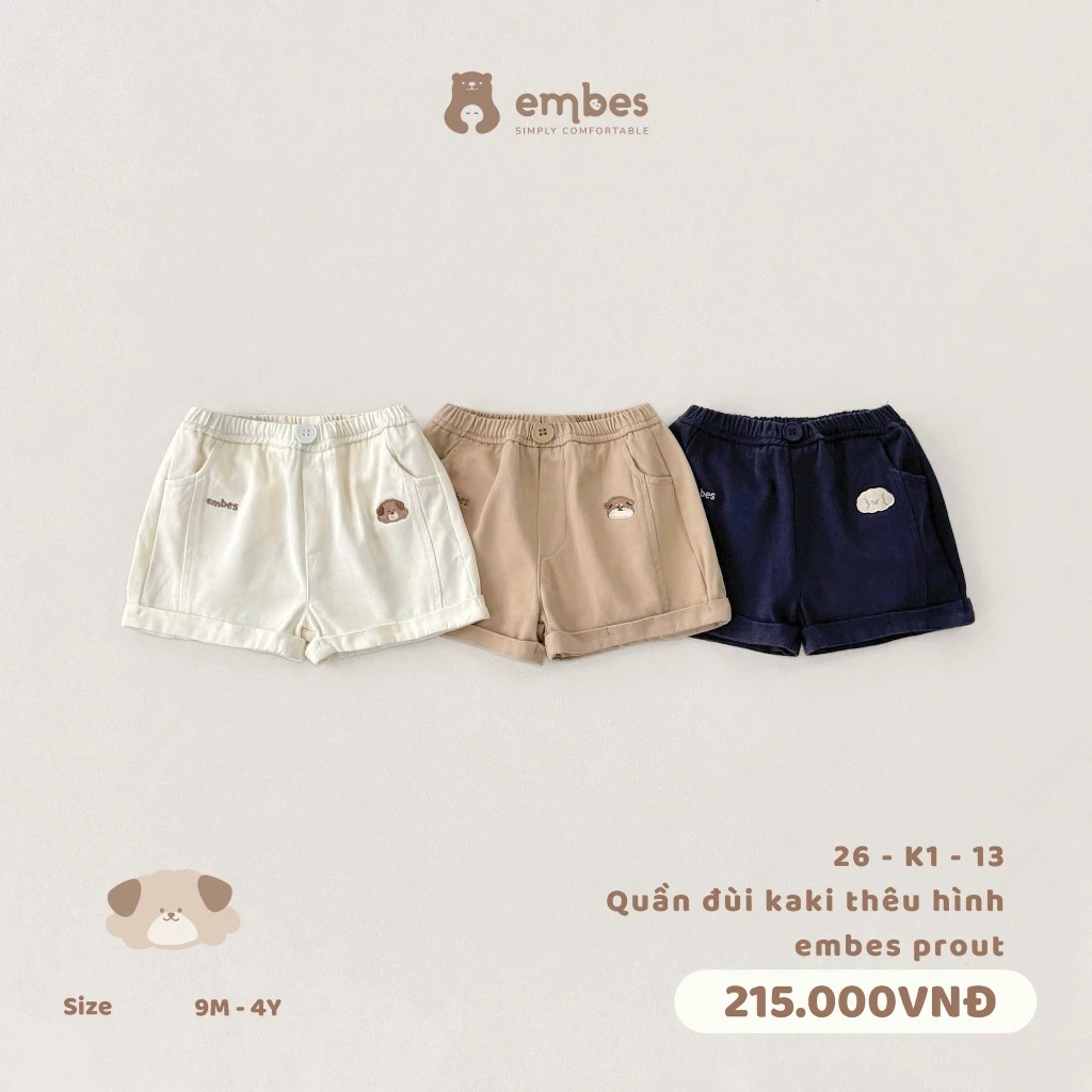 Quần Cộc Cho Bé Embes, Quần Đùi Kaki Thêu Hình Chất Kaki Mềm Mại Cho Bé Trai Bé Gái Size Từ 8-17kg