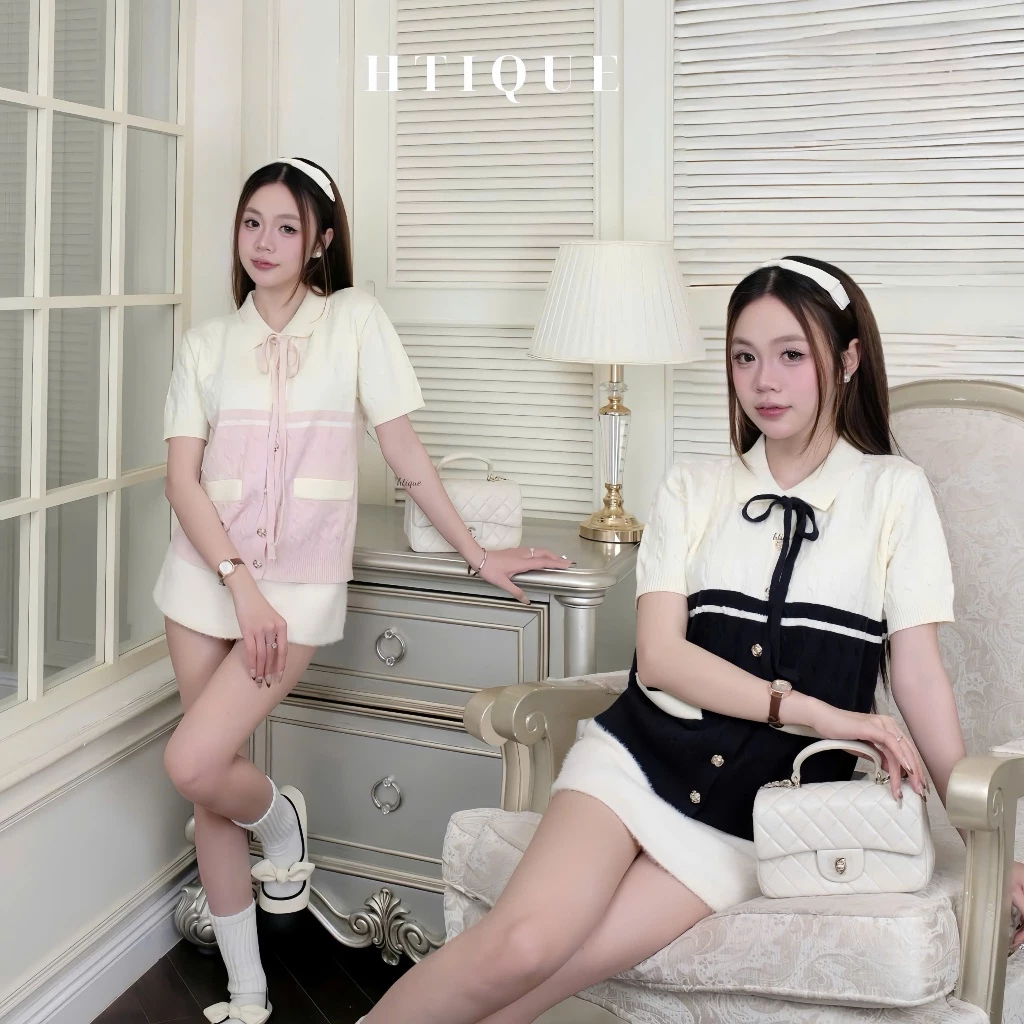 HTIQUE - SOFT SEASON Mở bán Áo len dệt kim kèm dây nơ, Áo len vặn thừng mang lại ngọt ngào thanh lịch LA44