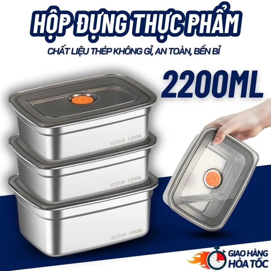 Hộp đựng thức ăn inox 304 1500ml an toàn sức khỏe có nắp hút chân không combo 5 hộp bảo quản tươi lâu dùng tủ lạnh