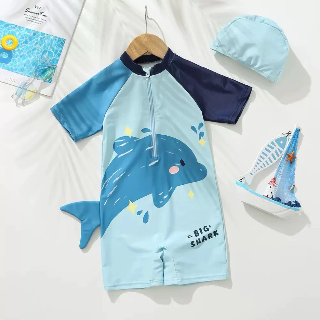 Đồ bơi cho bé trai liền thân kèm mũ, đồ bơi bé trai hoạ tiết cá heo xanh sz 8-30kg