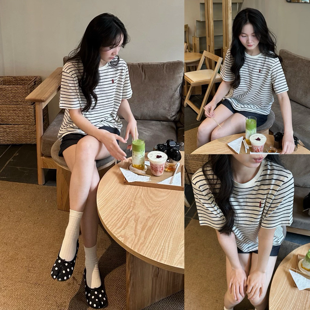 𝗦𝘁𝗲𝗲𝘇𝘆 • Áo thun cotton sợi đan kẻ ngang thêu ngựa QC form vừa, áo phông cộc tay nữ xuân hè 2026 P7020