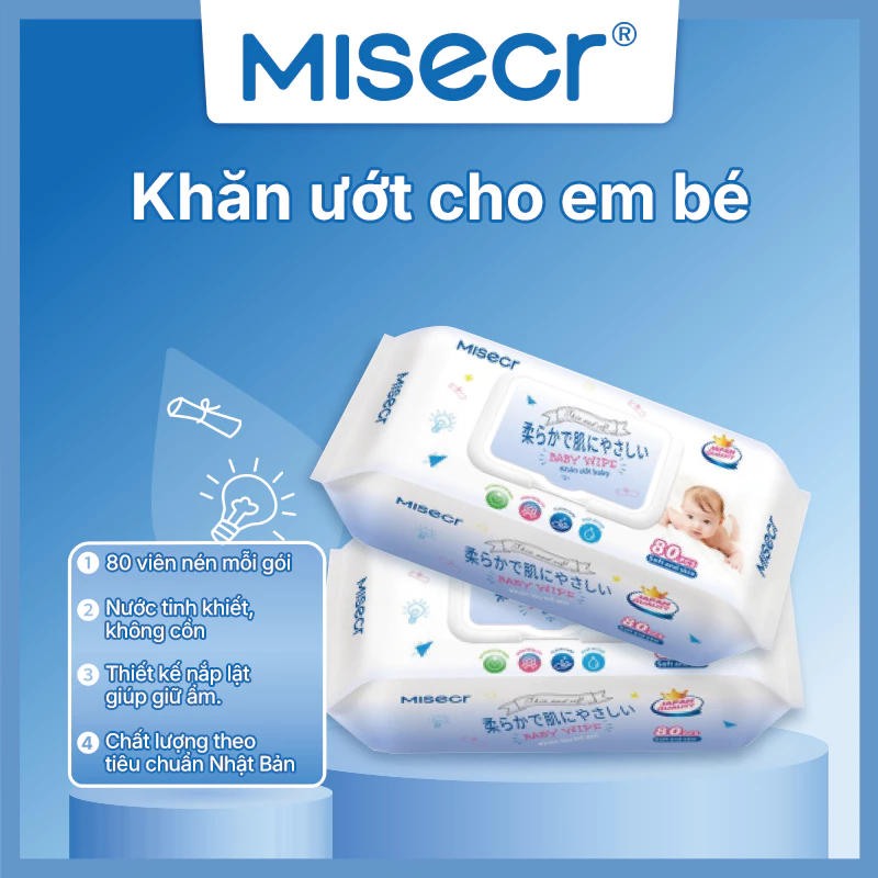 Thùng 1 gói khăn ướt cao cấp Misecr không cồn, không mùi dành cho mẹ và bé