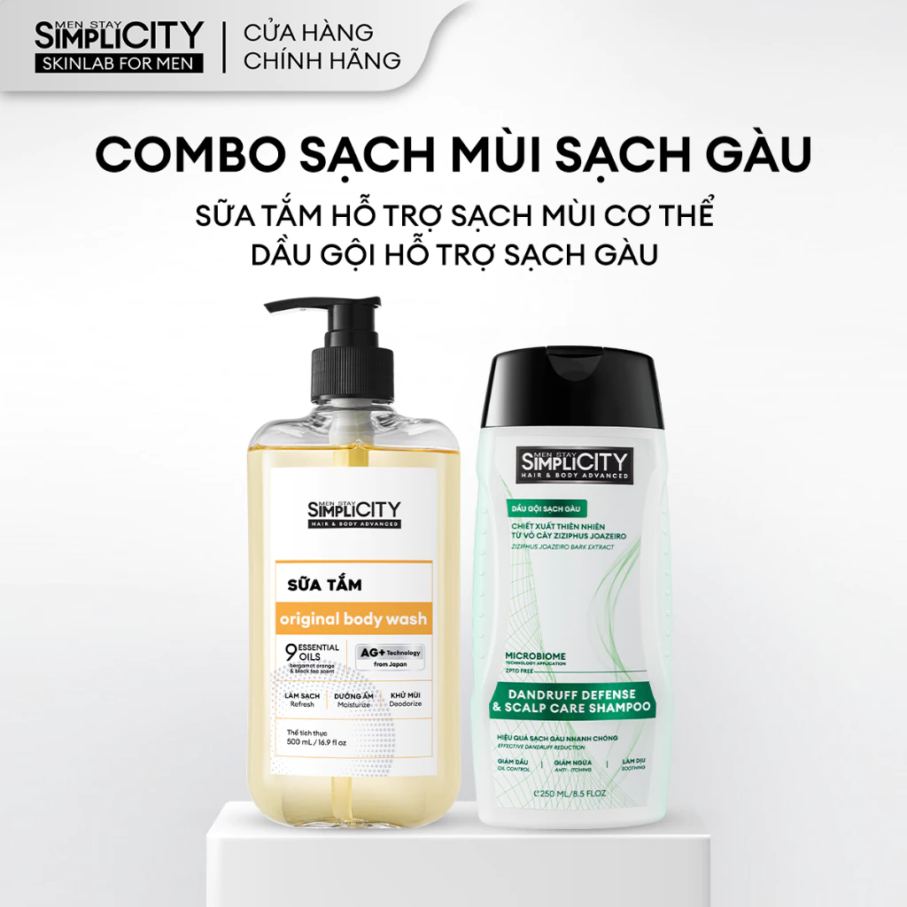 Combo sạch thơm giảm gàu cho nam Men Stay Simplicity: Sữa tắm tinh dầu ngăn mùi giảm mùi 500ml & Dầu gội sạch gàu 250ml