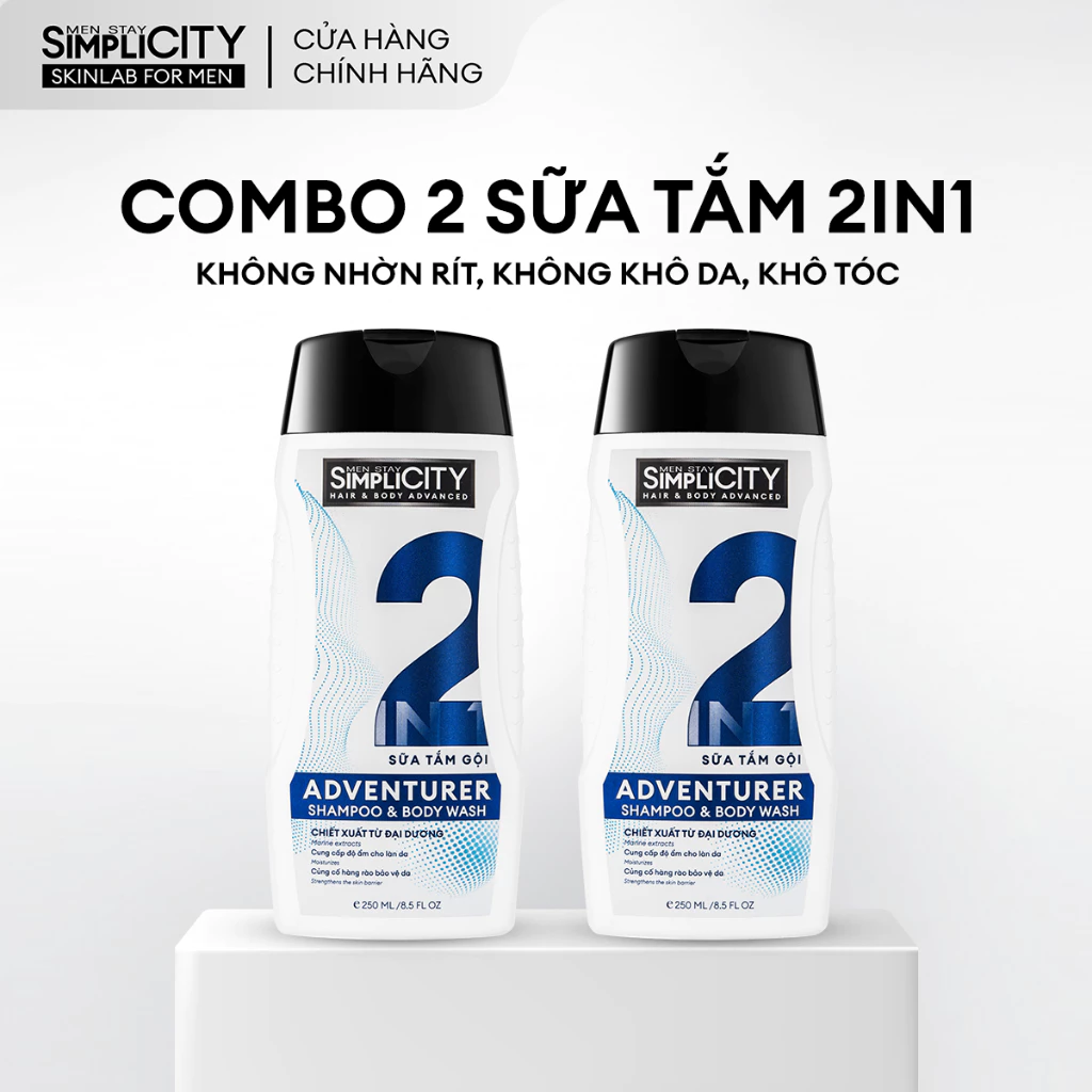 Combo 2 chai Sữa tắm gội 2in1 Adventurer Men Stay Simplicity giúp tóc mềm mượt, chắc khỏe 250ml
