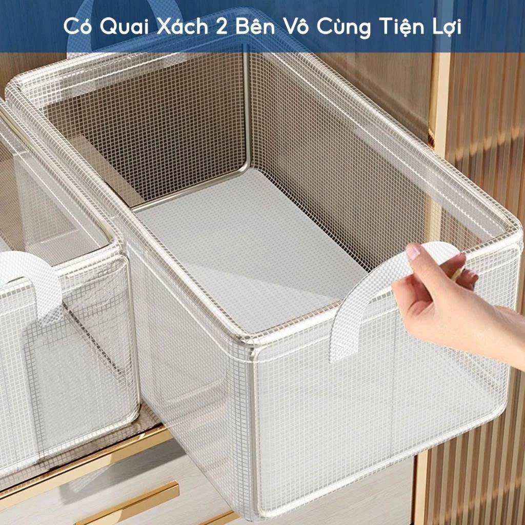 Hộp Đựng Quần Áo Khung Thép Có Đáy Cứng, Màu Trong Suốt Tay Cầm Tiện Lợi