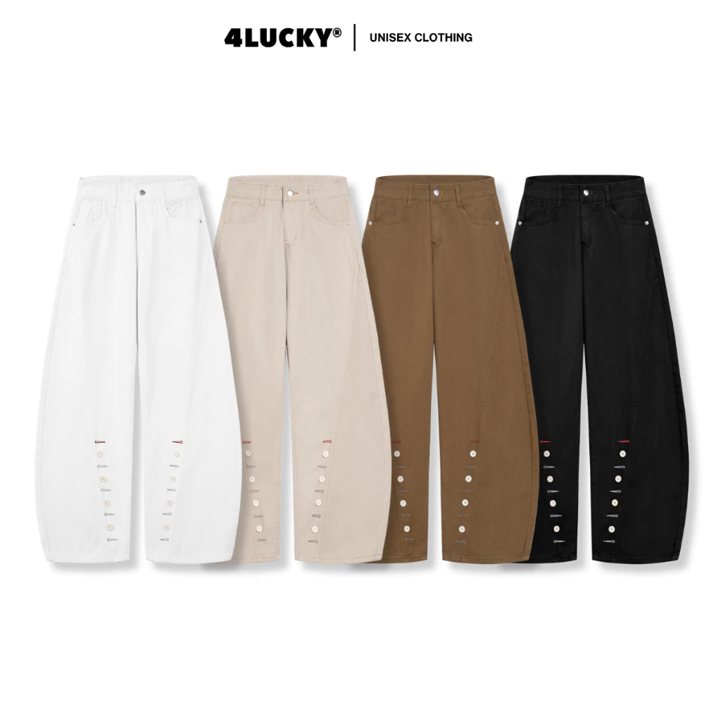 Quần Kaki Ống Vòm Phối Rã Unisex 4Lucky 6244, Quần Ống Rộng Phối Nút Cá Tính Thoáng Mát Nam Nữ