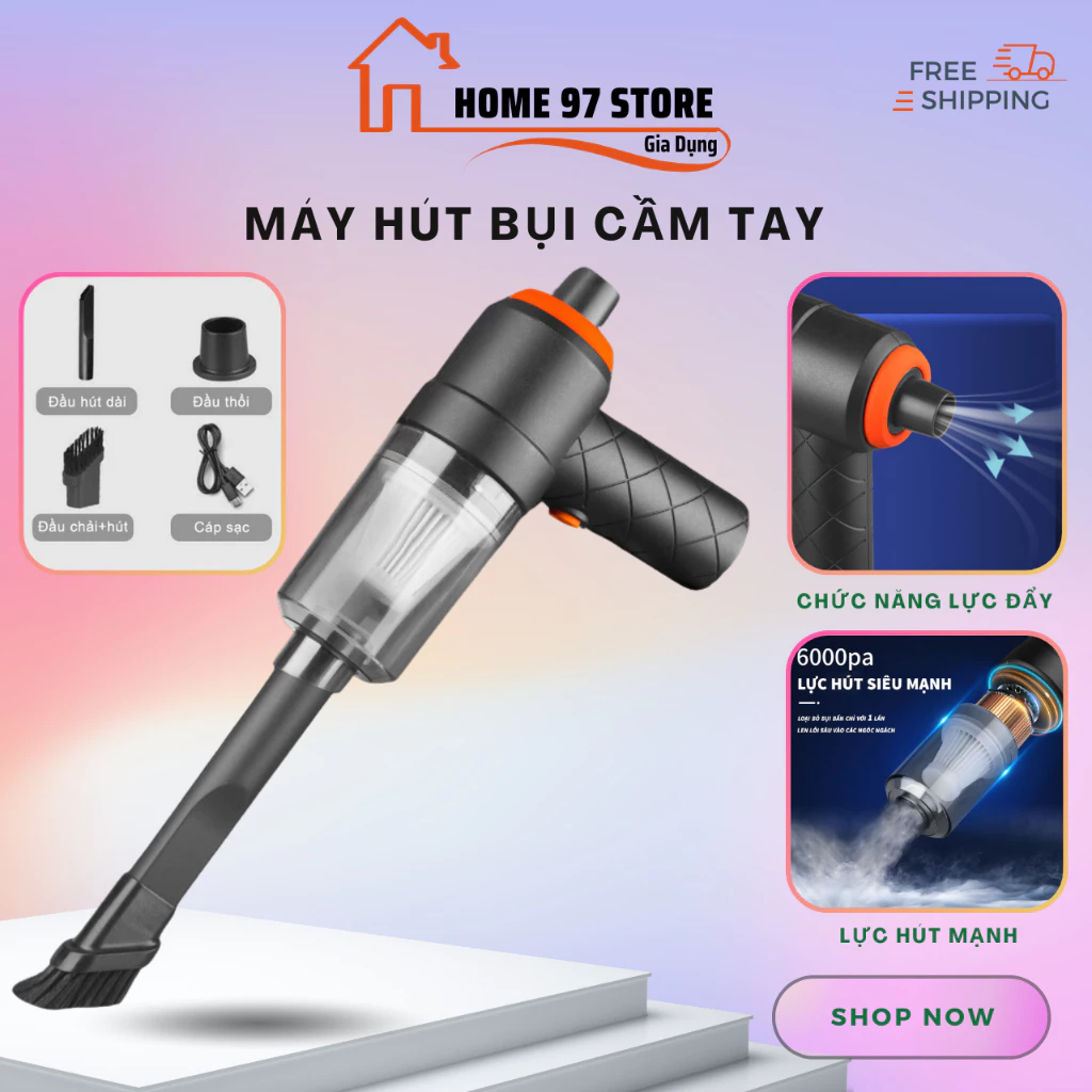 Máy Hút Bụi Cầm Tay Mini Không Dây Vệ Sinh Ô Tô, Lực Hút 6000MPA, Nhỏ Gọn, Pin Sạc Tiện Lợi, Kèm Đầu Thổi Bụi