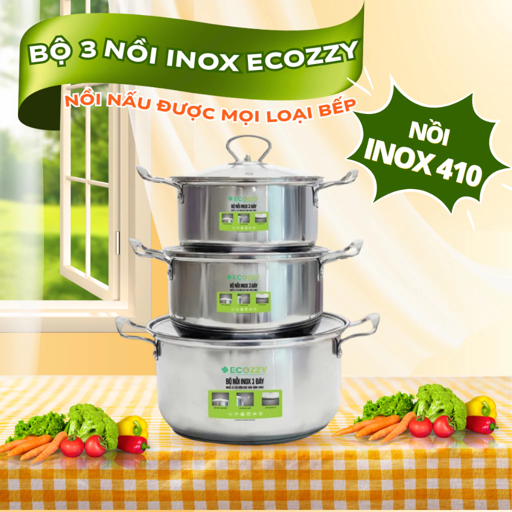 Bộ nồi inox 3 món ECOZZY, bộ 3 nồi bếp từ 3 đáy cao cấp đường kính 18cm - 20cm -24cm nấu mọi bếp