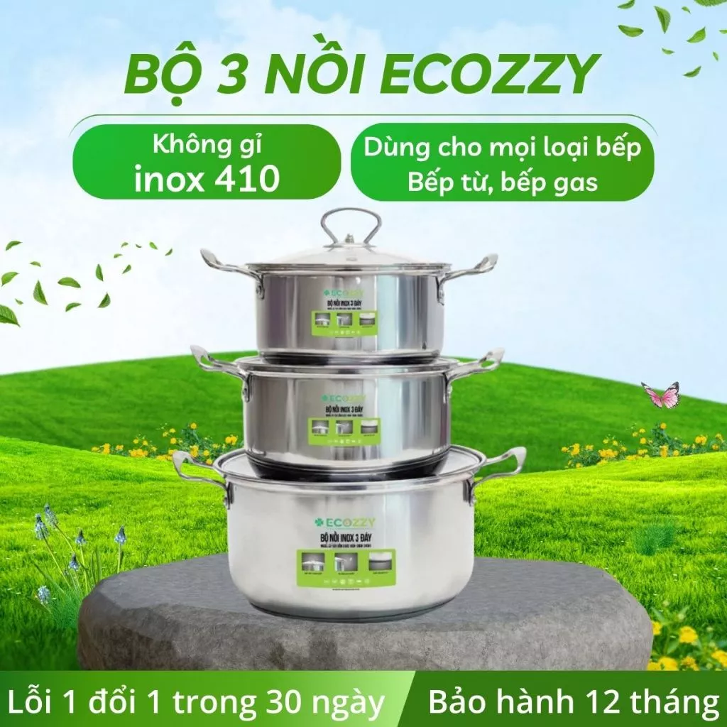 Bộ nồi inox 3 món ECOZZY, bộ 3 nồi bếp từ 3 đáy cao cấp đường kính 18cm - 20cm -24cm nấu mọi bếp