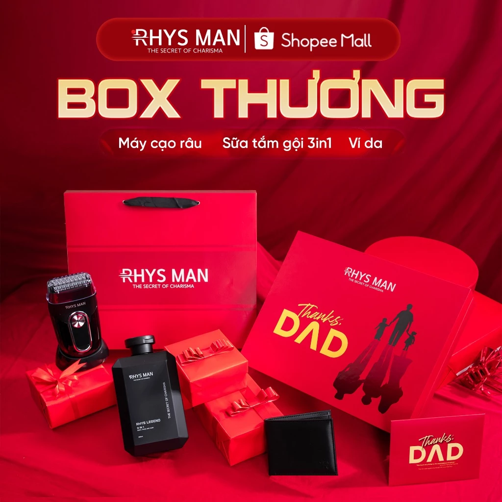 [QUÀ TẶNG CHO BỐ] Box Thương: Sữa tắm gội 3in1 350ml & Máy cạo râu công thái học & Ví da cao cấp Rhys Man