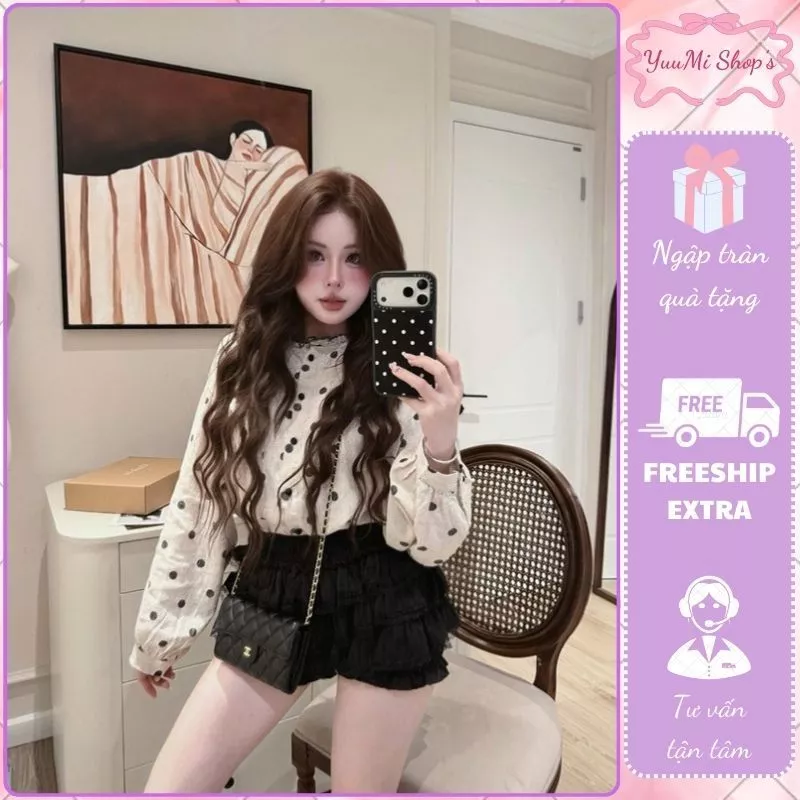 Áo sơ mi nữ chấm bi dài tay HCOM27086 cổ bèo phong cách vintage, áo kiểu nữ đũi hàn quốc mặc đi làm đi học yuumistyle