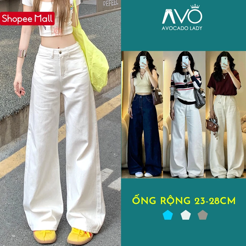 Quần Kaki Nữ trơn Cạp Cao Jean Trắng ống rộng dáng suông đứng Avo Avocado chất Kaki Bò Dáng dài Lưng Cao