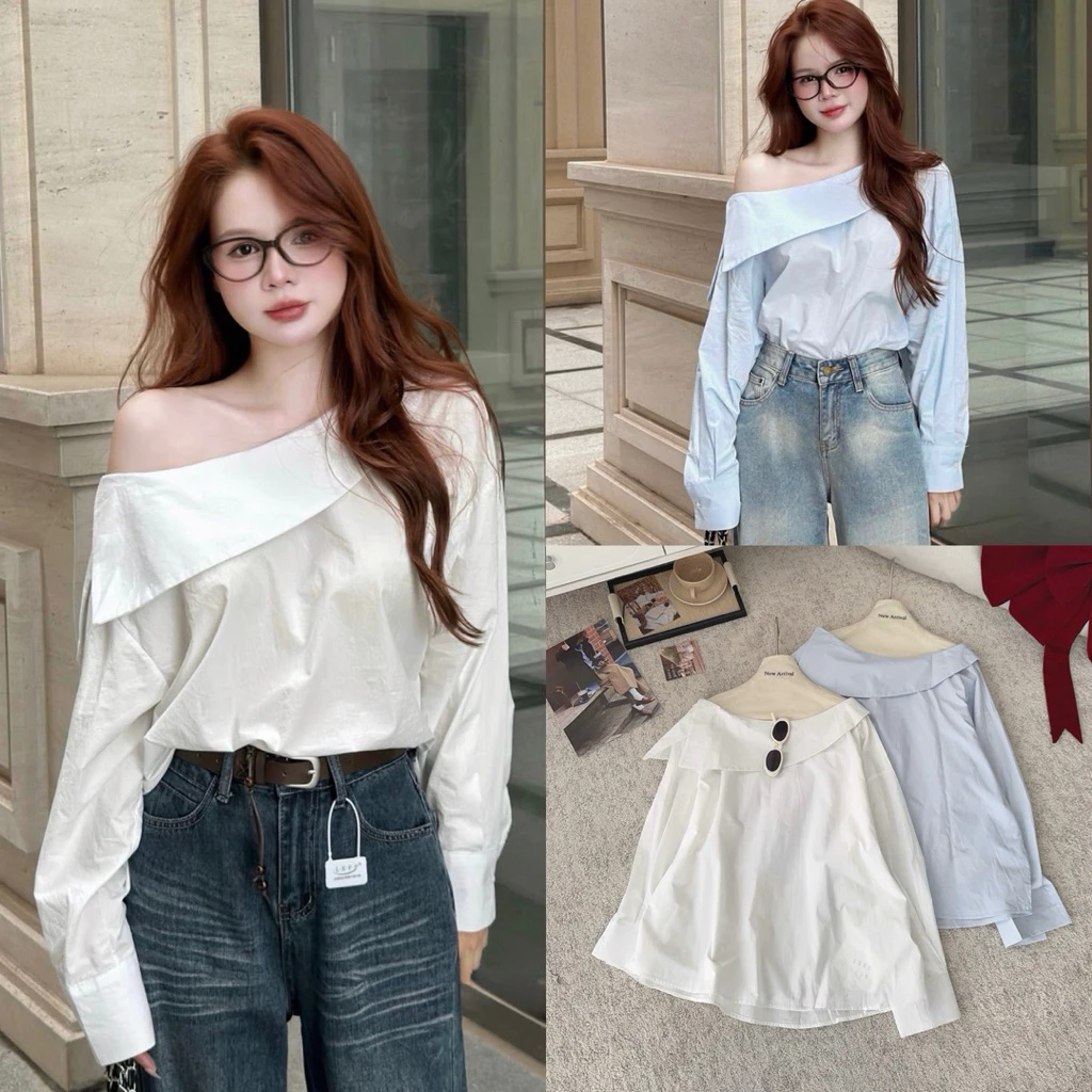 (Hàng đẹp L1) Áo sơ mi lệch vai cổ bẻ cách điệu dài tay form suông chất thô cotton mềm A4763