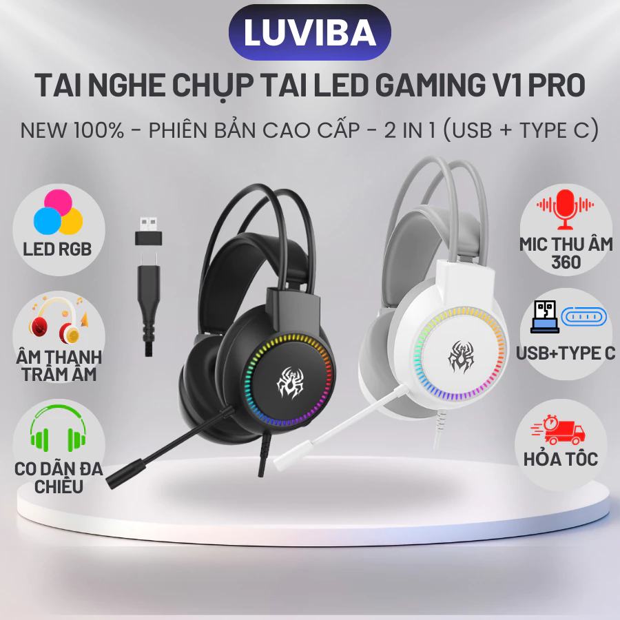 Tai nghe có dây chụp tai Gaming V1 có LED kèm Microphone, tai nghe type c Jack cắm 2 IN 1 LUVIBA
