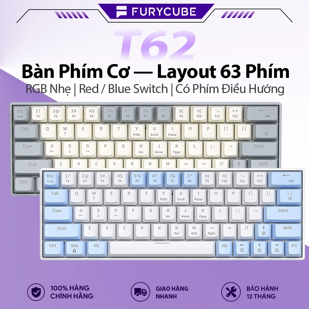 Bàn Phím Cơ Gaming 63 Phím ZIFRIEND T62, LED RGB, Type-C Có Dây, Red/Blue Switch, Hotswap, Win/Mac