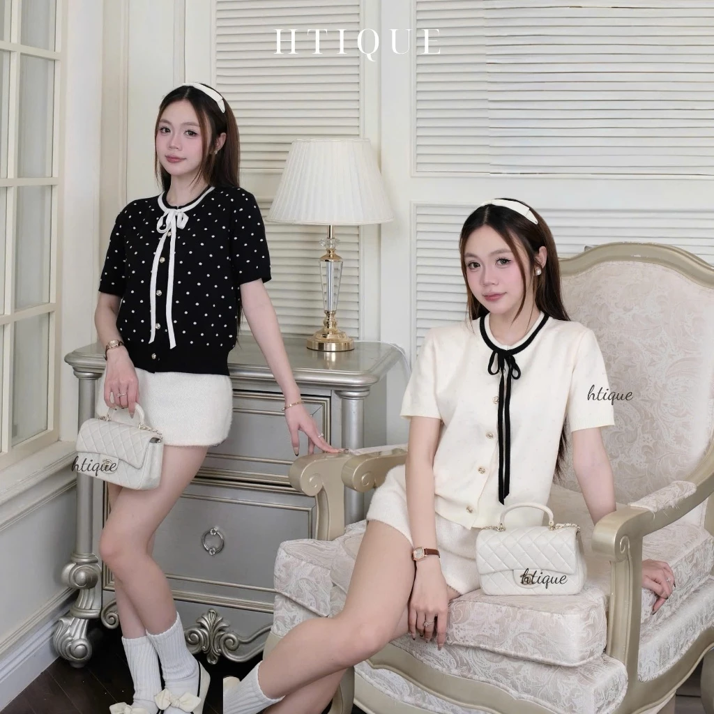HTIQUE - SOFT SEASON mở bán Áo len dệt kim chấm bi hồng sữa dâu kèm nơ thắt điệu, Áo len dệt kim kiểu nữ tiểu thư LA43