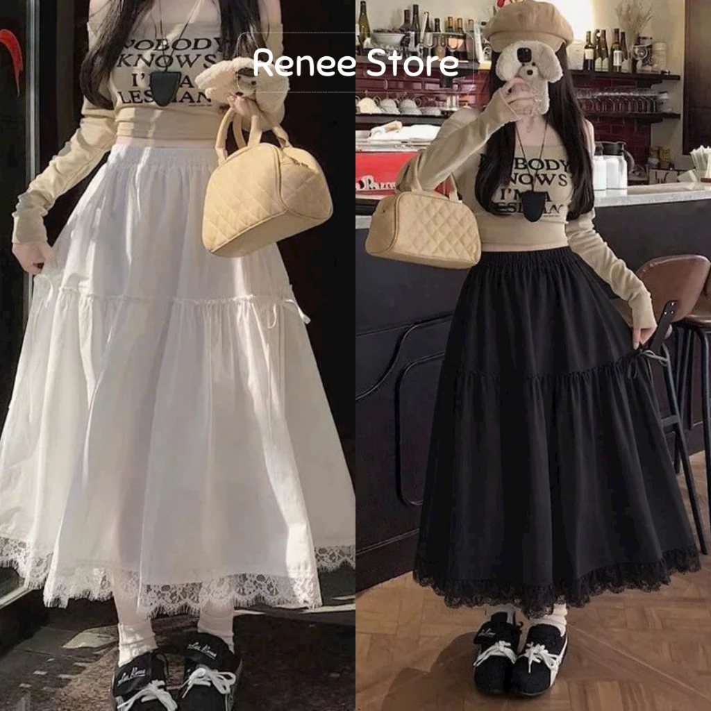 Chân váy midi 2 tầng viền ren, váy dài cạp chun 2 tầng thắt nơ Renee Store - V490