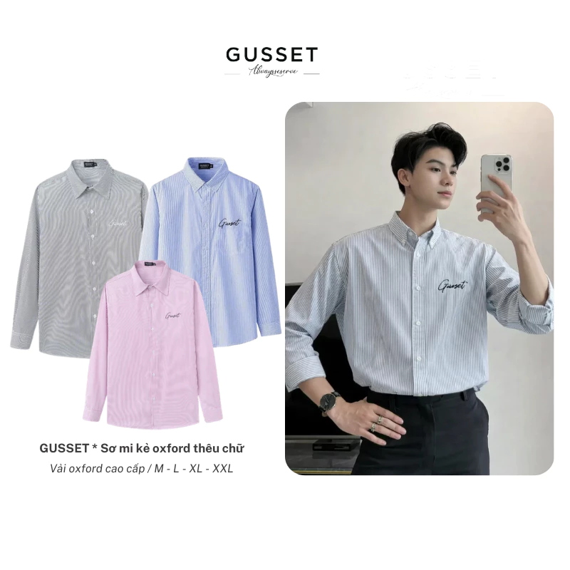 Áo Sơ Mi Nam Nữ Kẻ Sọc Dài Tay Thêu Chữ GUSSET Chất Liệu Oxford Mềm Mịn, Đứng Form - SMP16 Menswear