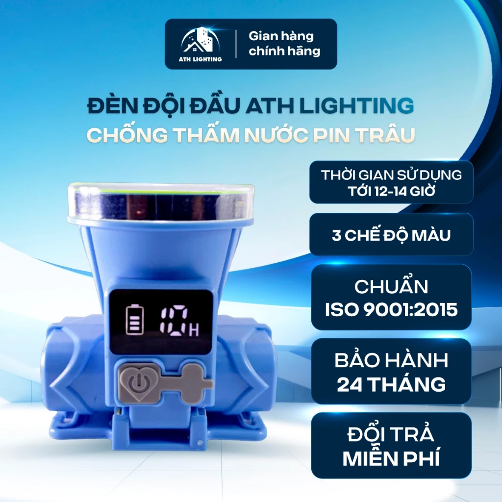 Đèn pin đội đầu siêu sáng ATH LIGHTING đèn pin 3 chế độ sáng dùng cho câu cá, cắm trại chống nước pin trâu