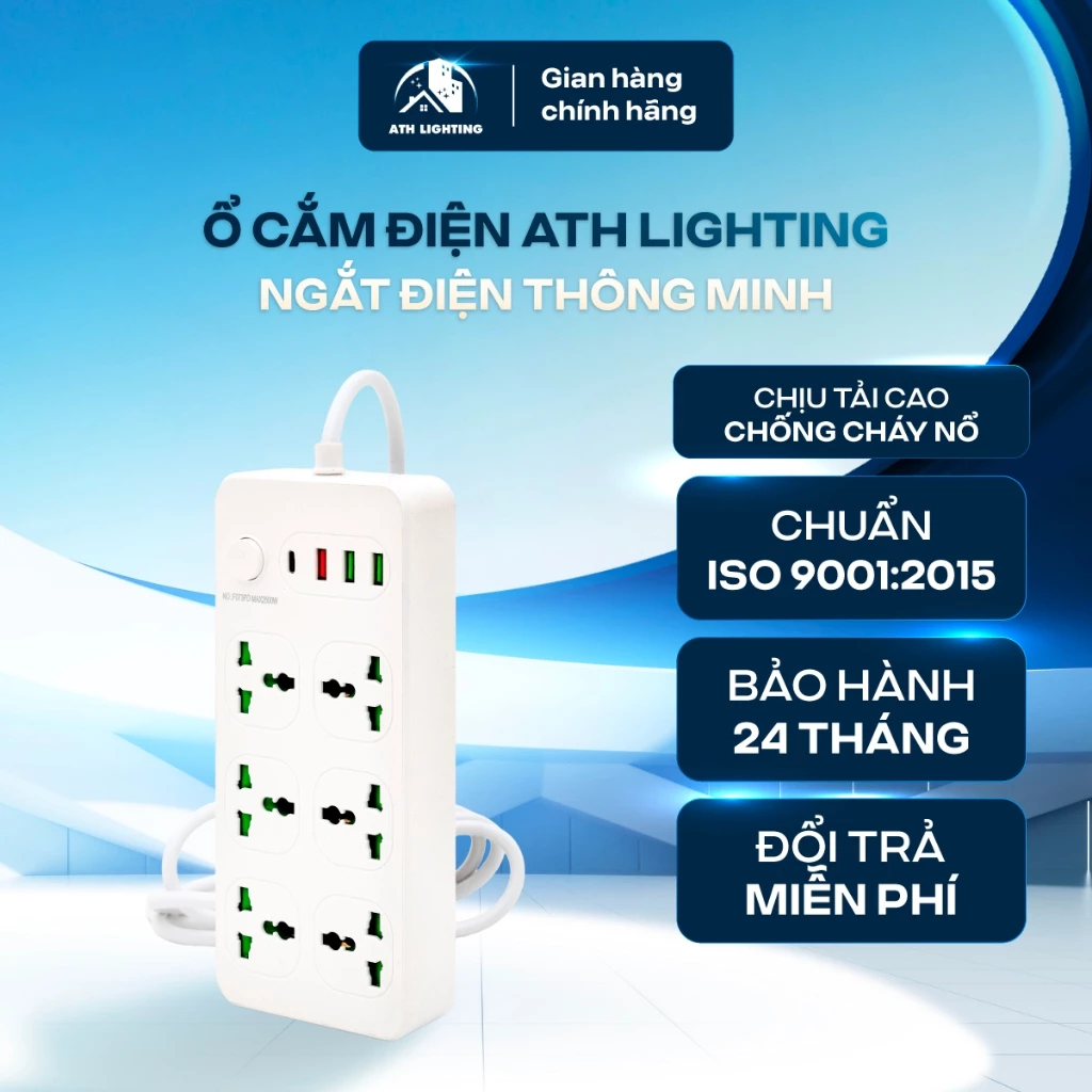 Ổ Cắm Điện ATH LIGHTING Loại Dây Dài 4m Nhiều Ổ Cắm Tích Hợp Cổng USB 35W Sạc Nhanh, Có Nắp Kín Nước An Toàn
