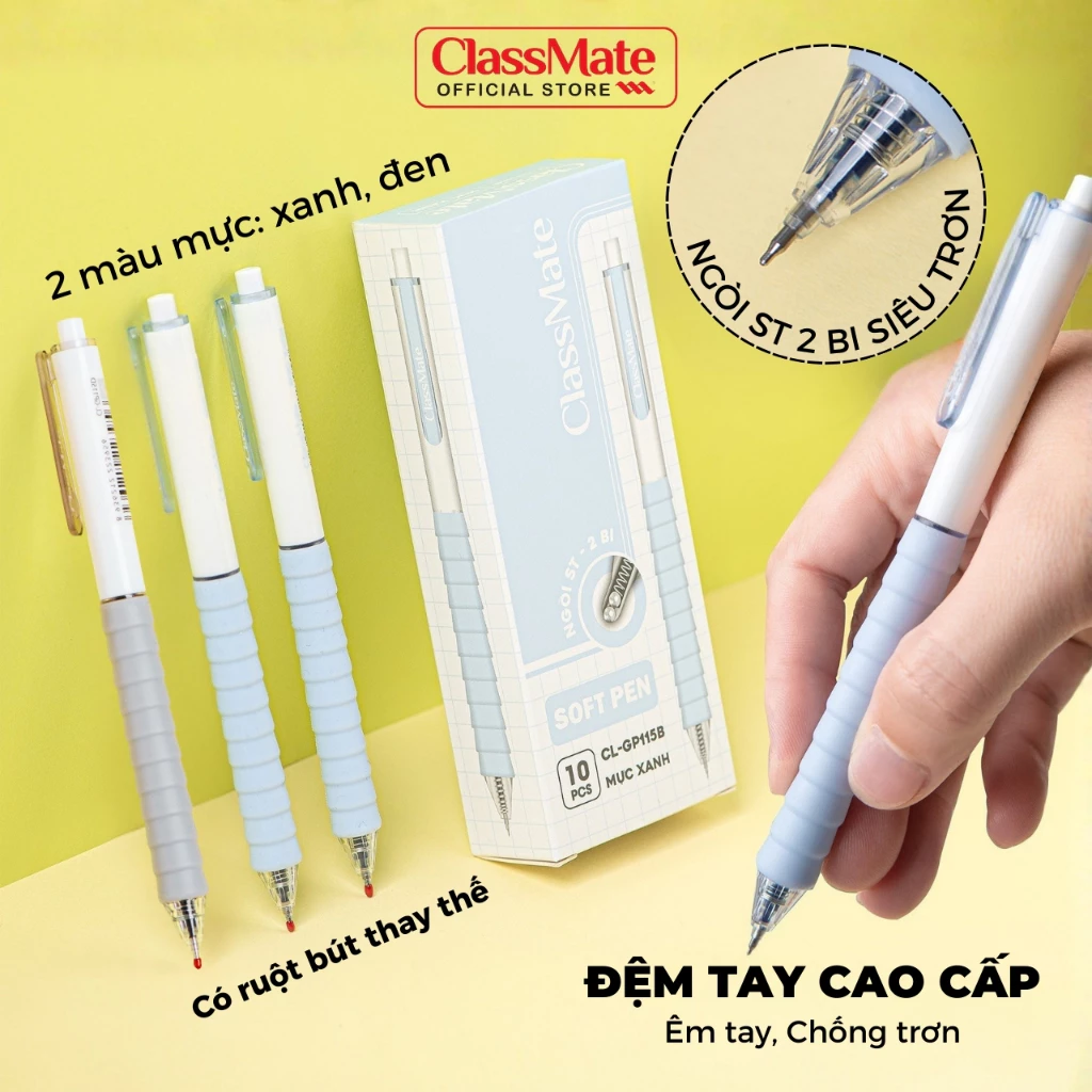 Hộp 10 Bút Gel Bấm Classmate Thay Được Ngòi, Đệm Tay Cao Cấp Chống Chai Tay, Ngòi Siêu Trơn 0.5mm, Mực Nhanh Khô GP115