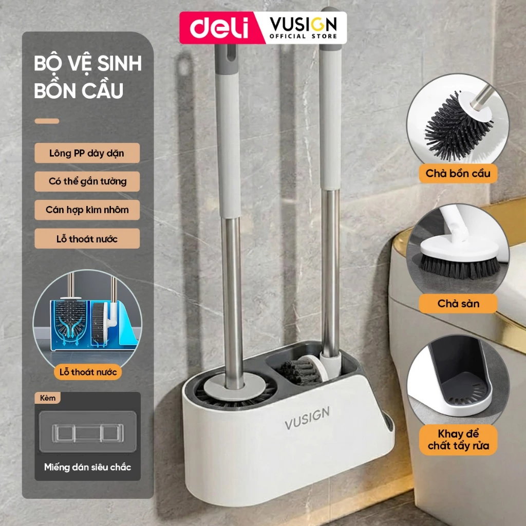 Bộ Cọ bồn Cầu 3 Trong 1 Deli Bản Mới Cọ Toilet Nhà Vệ Sinh DelixVusign Có Thể Treo Tường, Giá Đựng Tiện Lợi