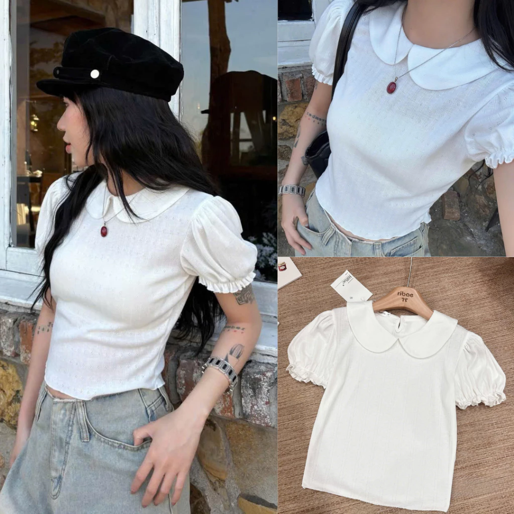 Áo Cotton Dệt Kim Ren Hoa Cộc Tay Form Ôm Dễ Phối Đồ Mã A.2060
