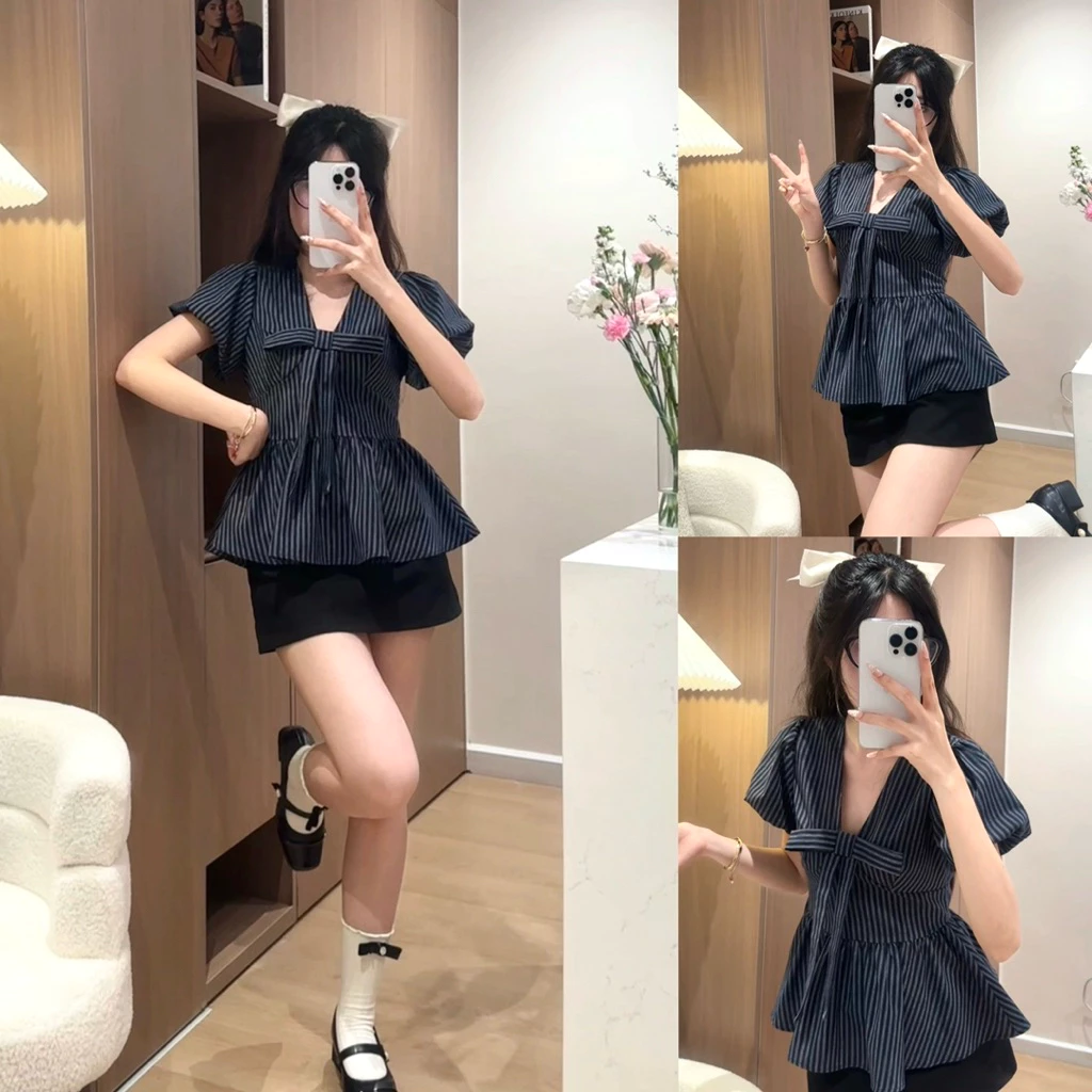 Áo Sơ Mi Kẻ Tay Bồng Dáng Ngắn Cổ Tim Hàn Quốc M4611 KENCO Thời Trang Nữ