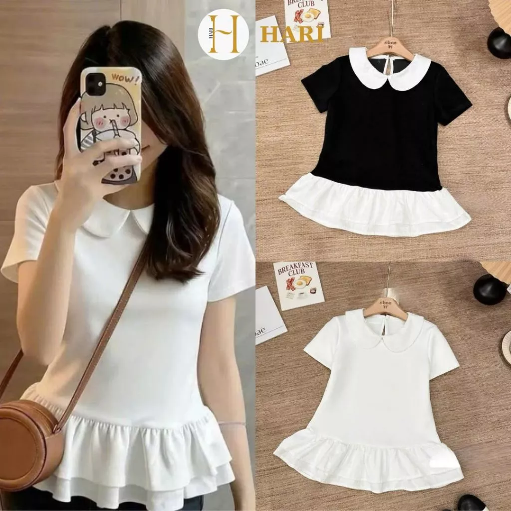 Áo Thun Cộc Tay Hari Cổ Sen Viền Bèo Mini Top Form Basic Phong Cách Hàn Quốc Mã 1641