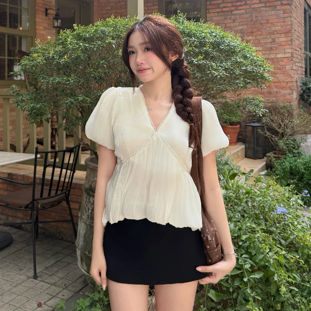 Áo Babydoll Tơ Nữ Dáng Suông Cổ V Tay Bồng Tiểu Thư Mặc Đi Học Đi Làm Mùa Hè Kimee - KA828