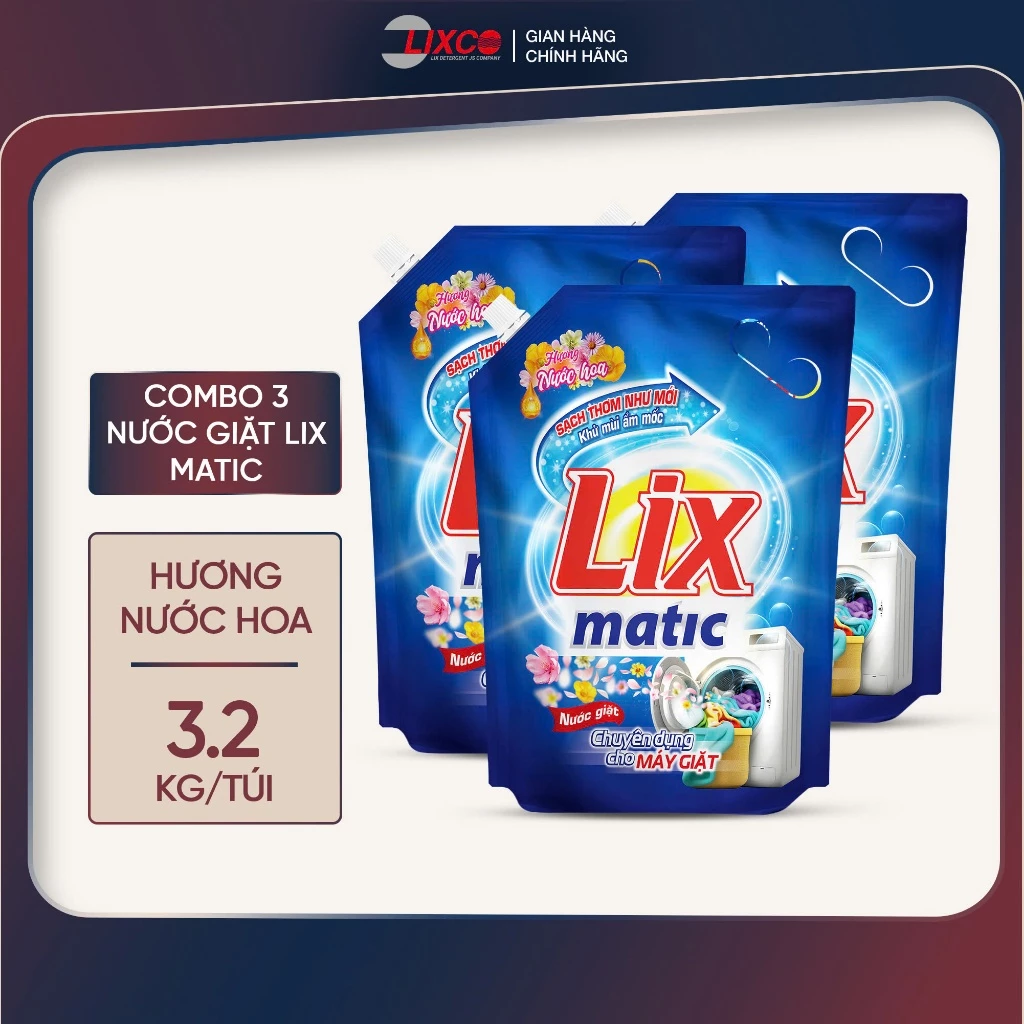 Combo 3 túi nước giặt LIX 3.2KG hương nước hoa, khử mùi ẩm mốc, đánh sạch vết bẩn