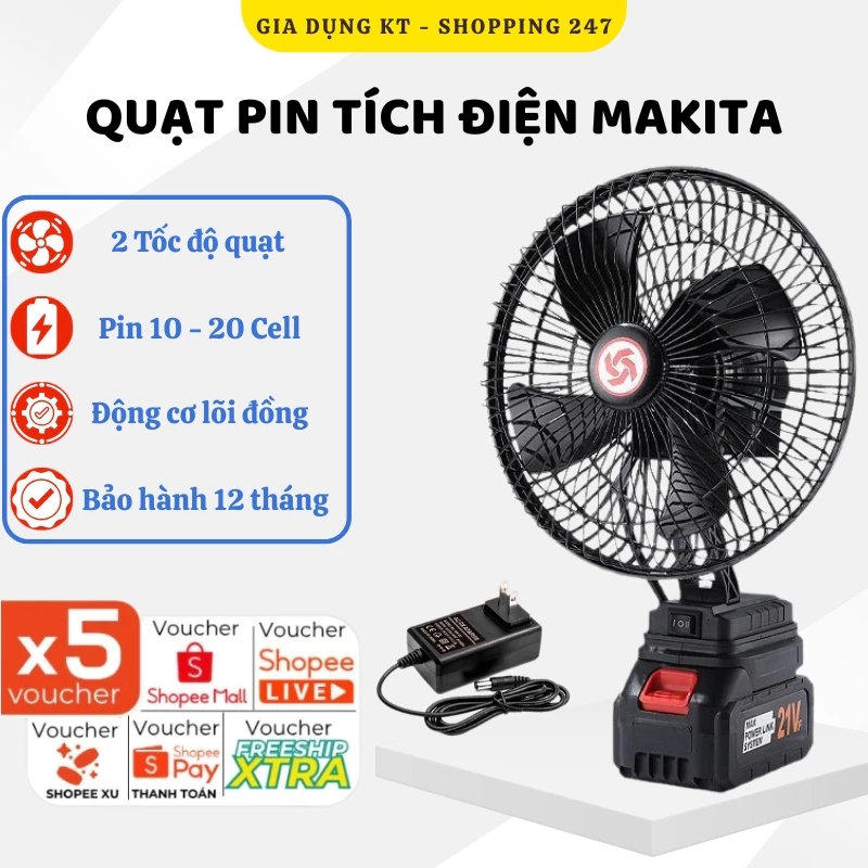 Quạt Tích Điện Dùng Pin MAKITA, Quạt Tích Điện Để Bàn Công Suất Lớn, Làm Mát Cực Nhanh, Hoạt Động Mạnh Mẽ, Bền Bỉ