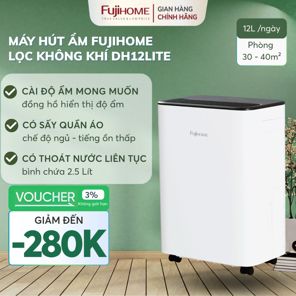 Máy hút ẩm không khí Nhập Khẩu FUJIHOME DH12LITE, máy hút ẩm 12 Lít chống nồm, nhỏ gọn thông minh