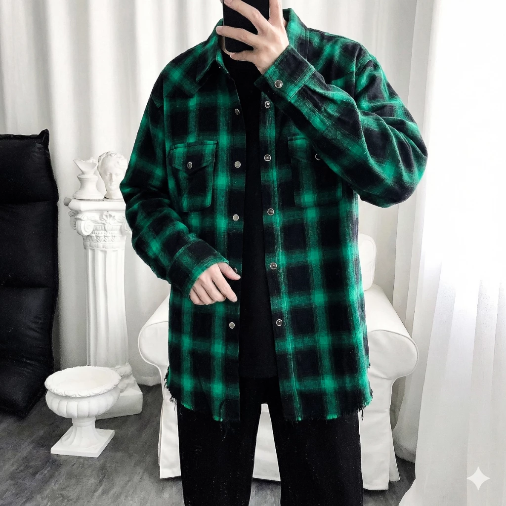 Áo Sơ Mi Dài Tay, Họa Tiết Kẻ Caro, Dáng Rộng Unisex Nam Nữ, Chất Đẹp, Hàng Quảng Châu - AD15