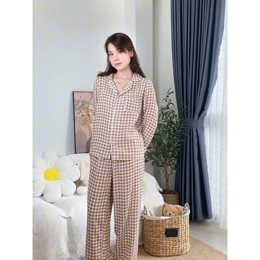 Bộ đồ ngủ xô muslin tay dài quần dài, Pijama mặc ở nhà hoạ tiết caro basic trendy