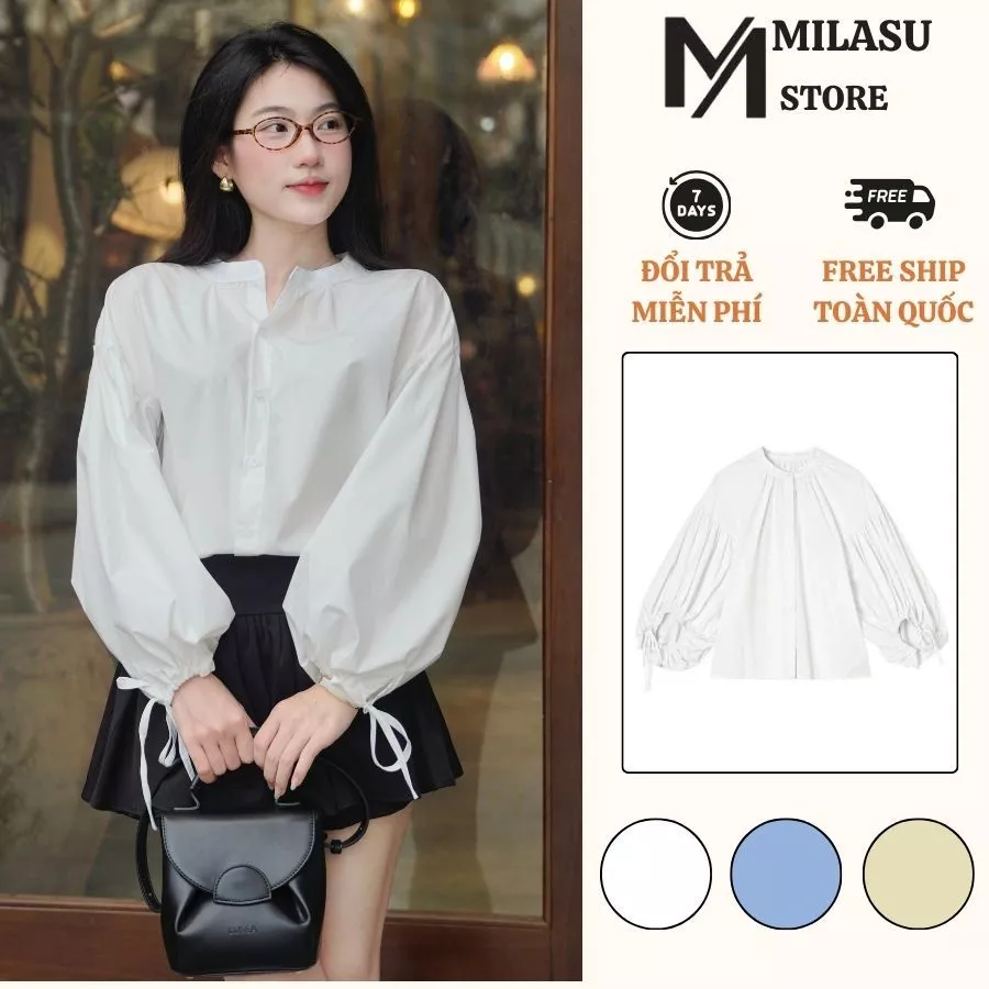 Áo Sơ Mi Tay Phồng Bo Chun Thắt Nơ Milasu Áo Dài Tay From Rộng Chất Gió Nhăn 514