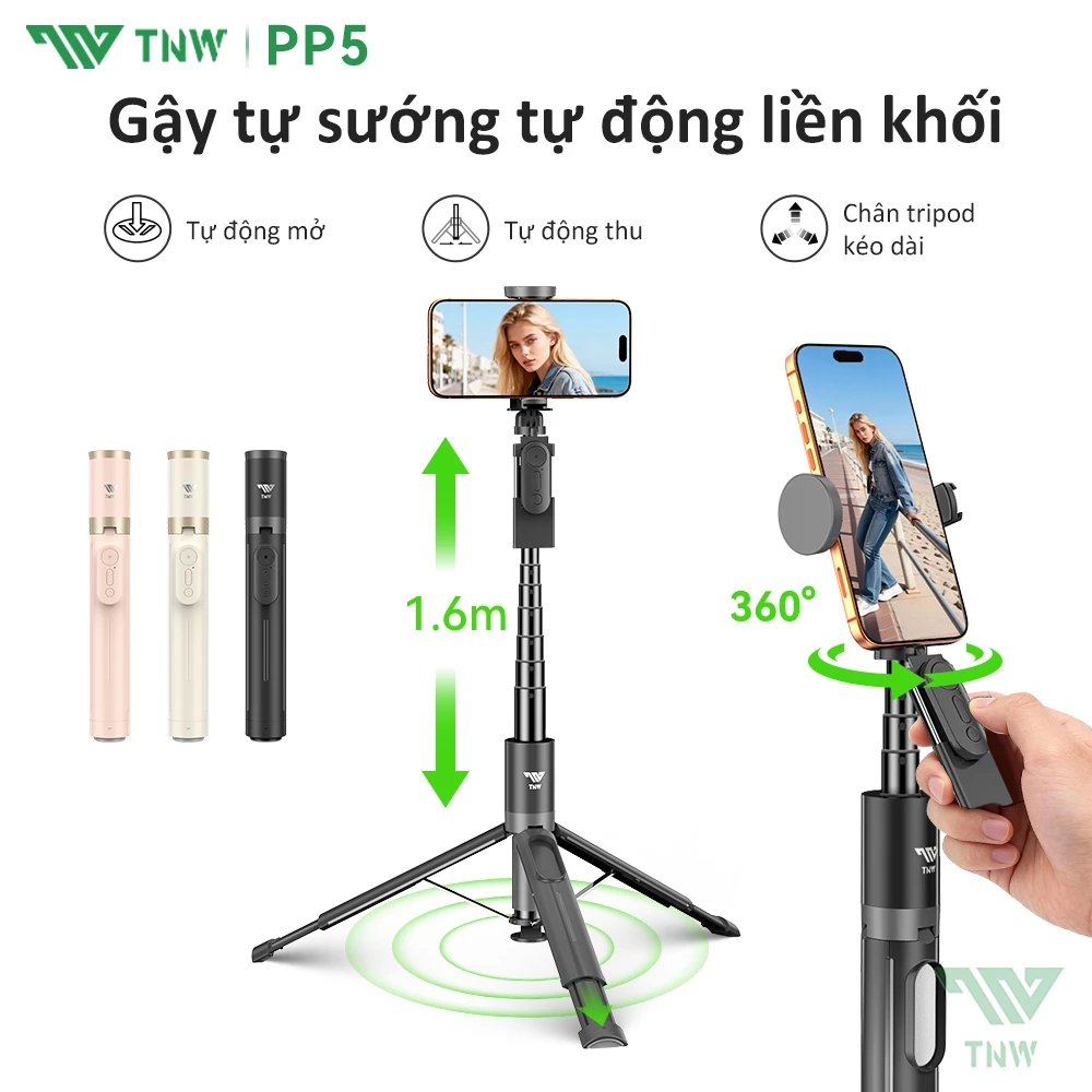 TNW PP5 Gậy chụp ảnh Selfie 3 chân 1.6M điều khiển từ xa  trợ sáng cao cấp xoay 360 độ, gậy livestream