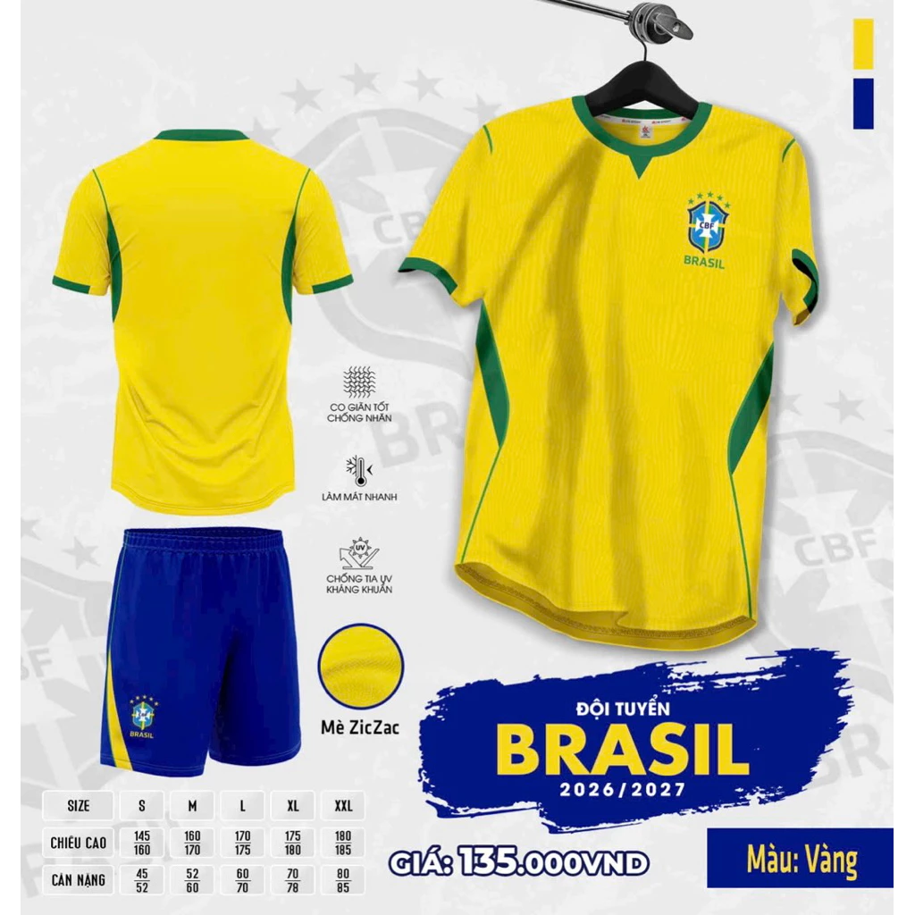 Bộ quần áo đá bóng , đồ đá banh đội tuyển Brazil vàng mới nhất hiện nay chất vải thun lạnh cao cấp thoáng mát