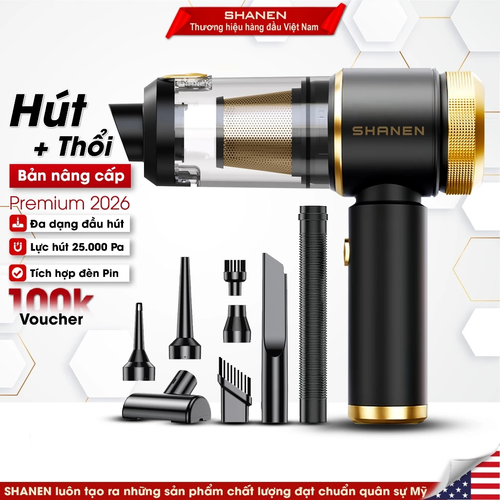 Máy hút bụi cầm tay SHANEN, Hút thổi bụi, Tích hợp đèn Pin, Công suất 25.000Pa, Bảo hành 12 tháng