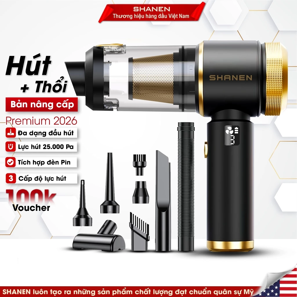 Máy hút bụi cầm tay SHANEN 2.5 Turbo X, Hút thổi bụi đa năng, 3 cấp độ lực hút, Bảo hành 12 tháng