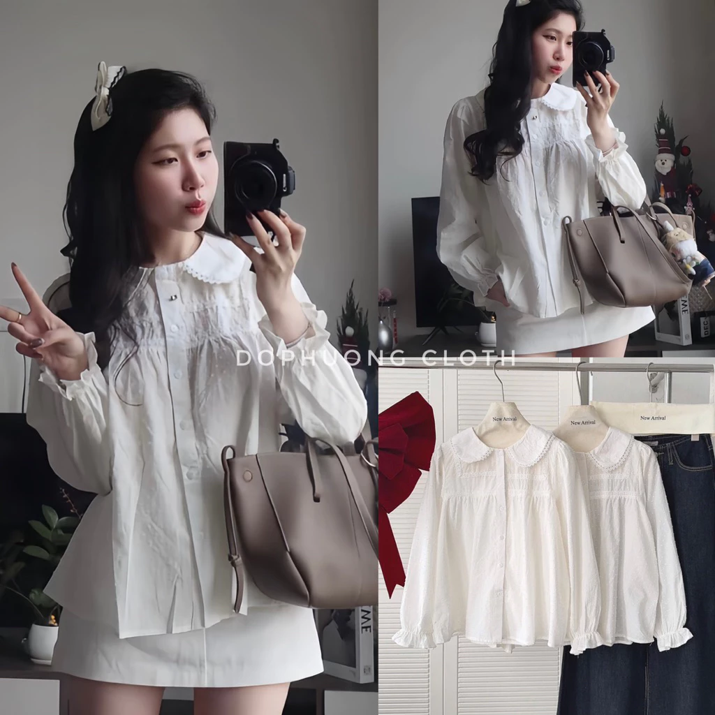 (Hàng sẵn ship ngay) Áo sơ mi voan tơ chấm bi cổ bèo tiểu thư tay dài – DOLLY Blouse